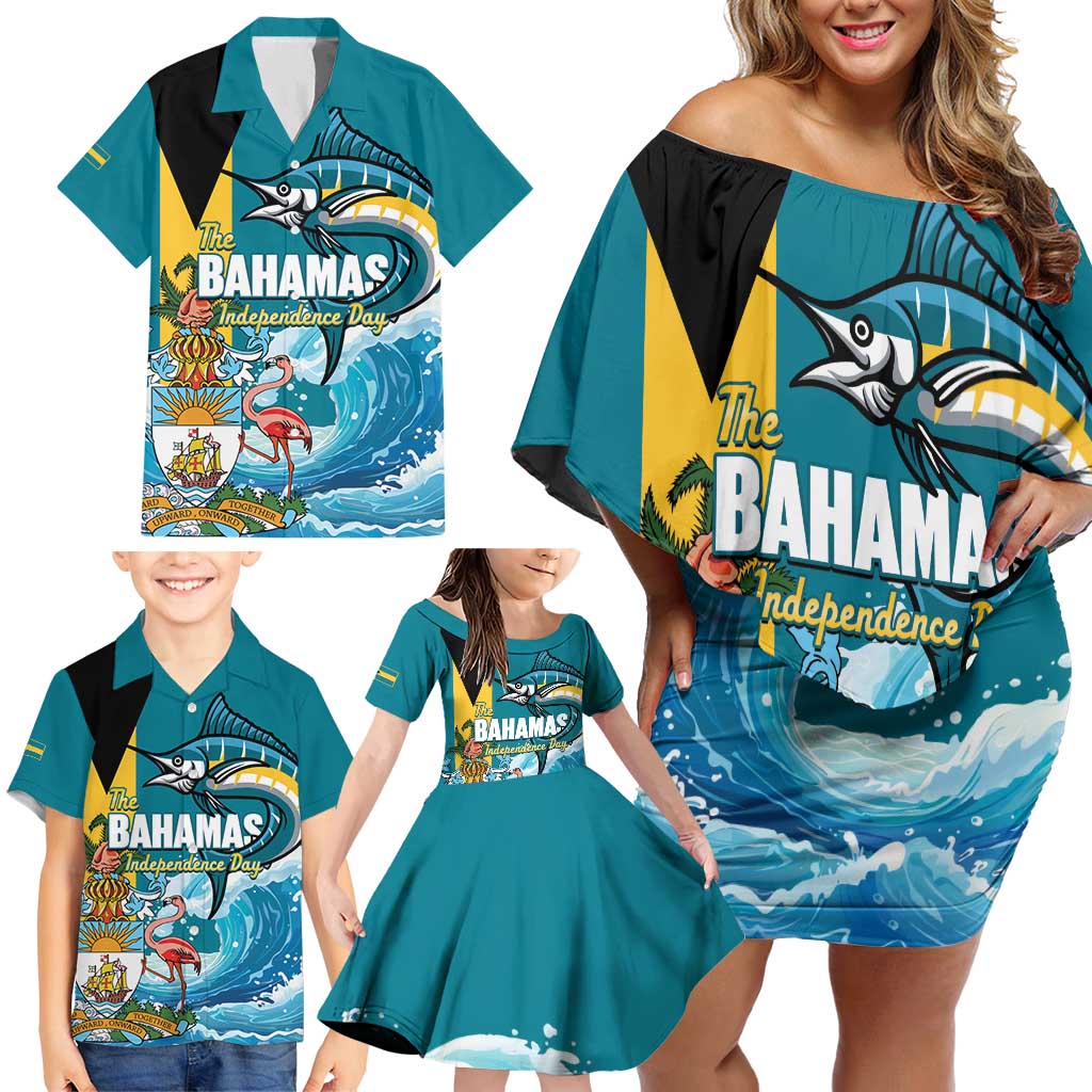The Bahamas Independence Day Family Matching Off Shoulder Short Dress and Hawaiian Shirt Bahamian Blue Marlin National Color
