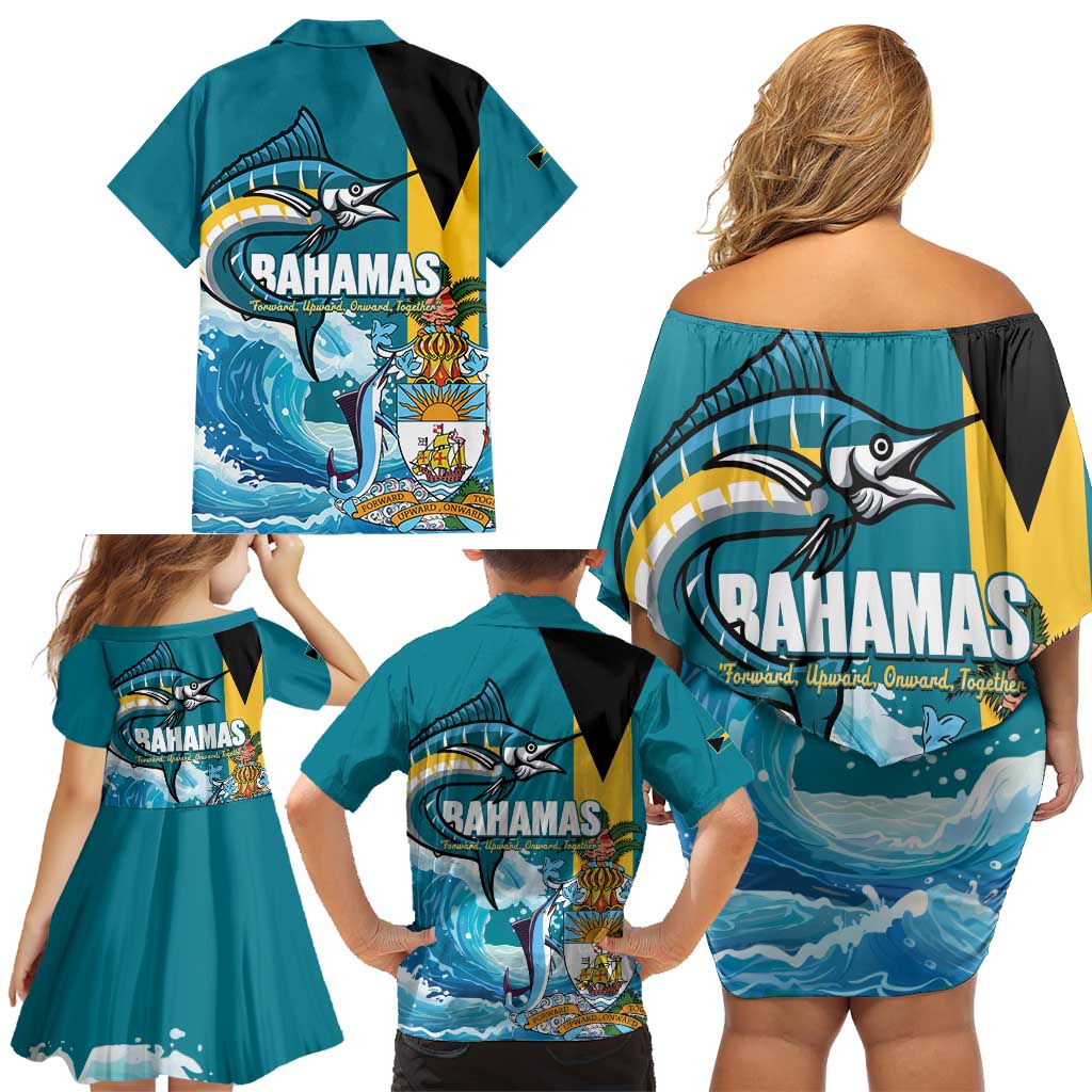 The Bahamas Independence Day Family Matching Off Shoulder Short Dress and Hawaiian Shirt Bahamian Blue Marlin National Color