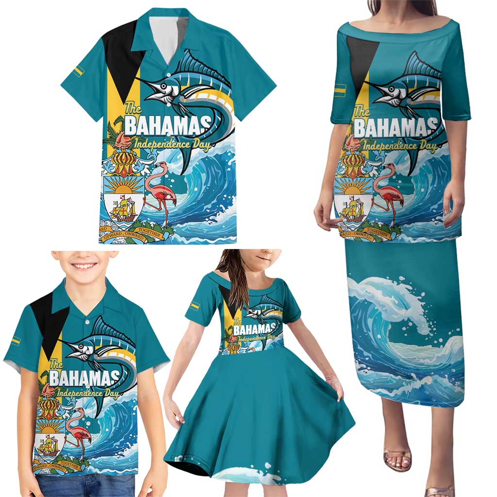 The Bahamas Independence Day Family Matching Puletasi and Hawaiian Shirt Bahamian Blue Marlin National Color