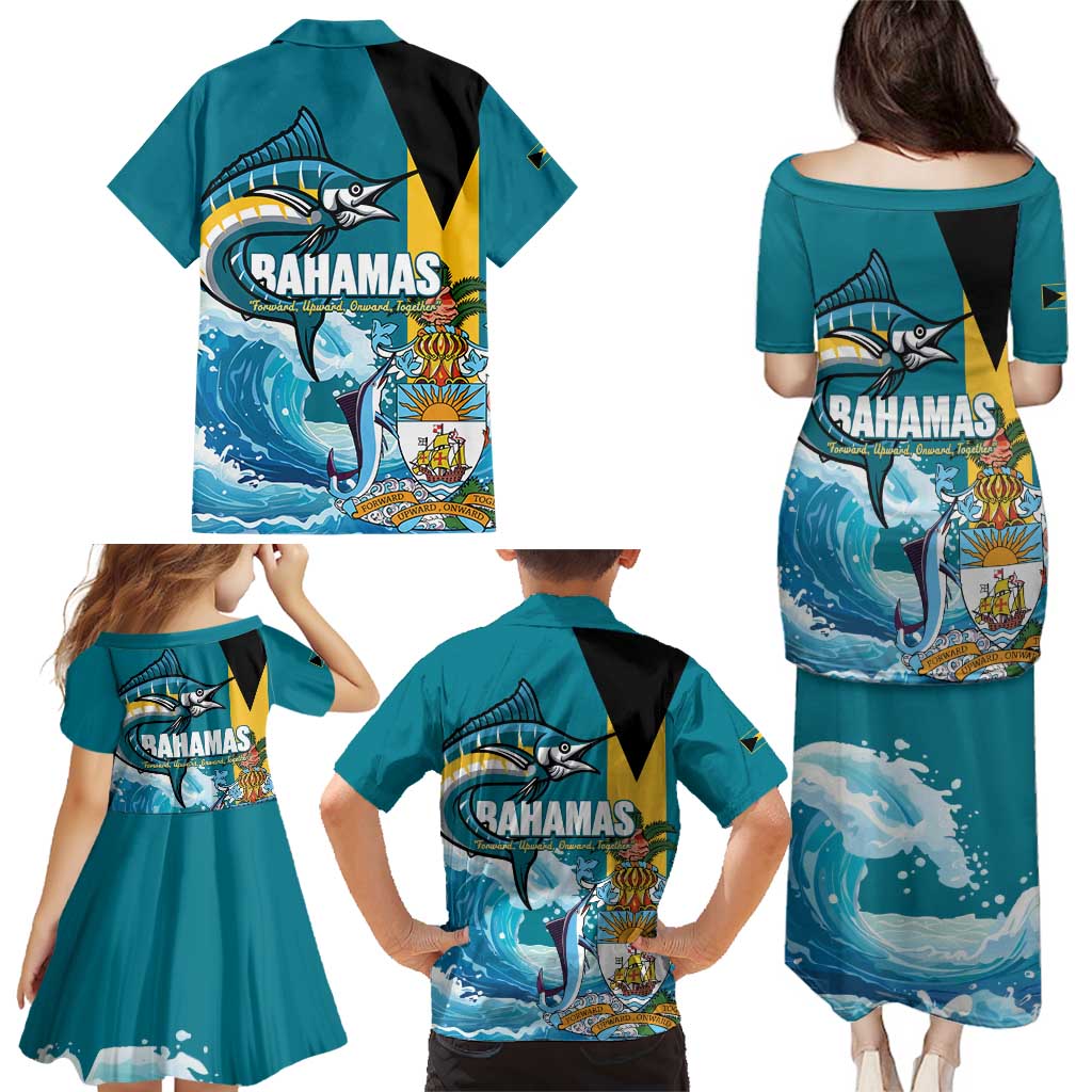 The Bahamas Independence Day Family Matching Puletasi and Hawaiian Shirt Bahamian Blue Marlin National Color
