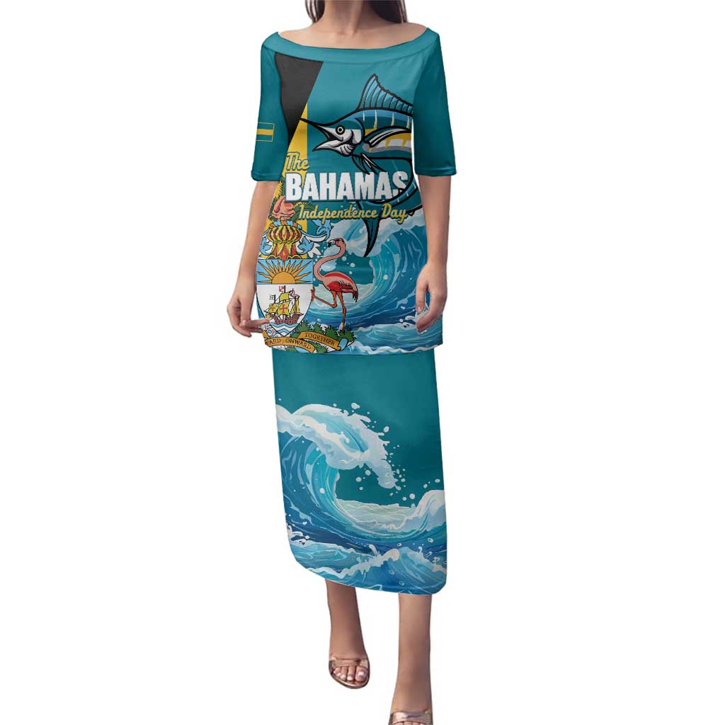 The Bahamas Independence Day Family Matching Puletasi and Hawaiian Shirt Bahamian Blue Marlin National Color