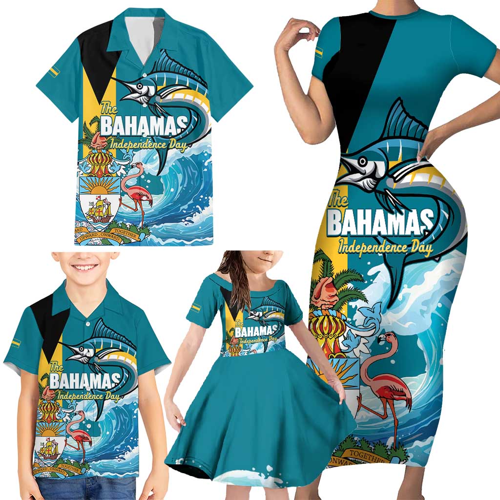 The Bahamas Independence Day Family Matching Short Sleeve Bodycon Dress and Hawaiian Shirt Bahamian Blue Marlin National Color