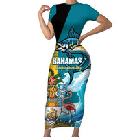The Bahamas Independence Day Family Matching Short Sleeve Bodycon Dress and Hawaiian Shirt Bahamian Blue Marlin National Color