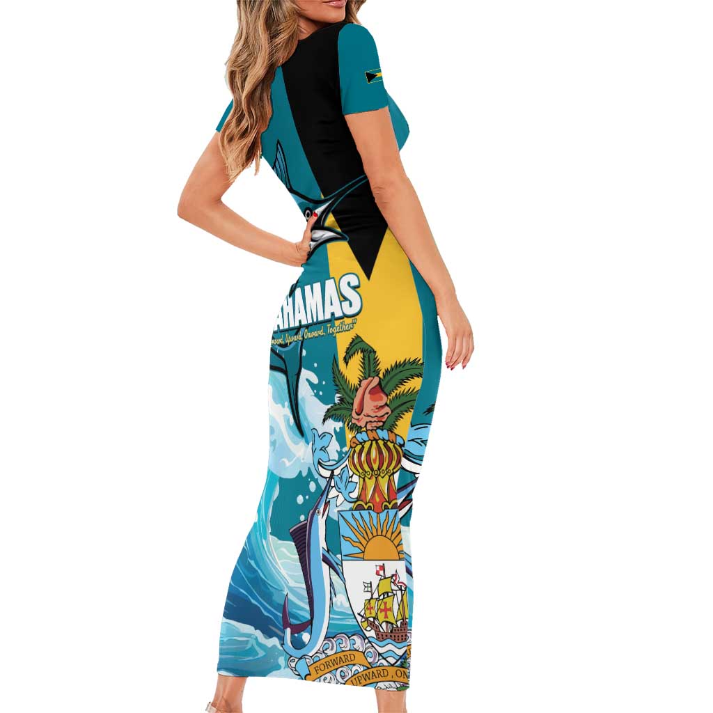 The Bahamas Independence Day Family Matching Short Sleeve Bodycon Dress and Hawaiian Shirt Bahamian Blue Marlin National Color