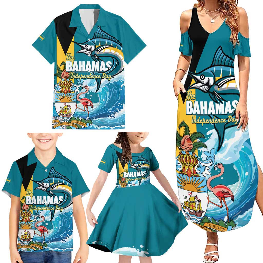 The Bahamas Independence Day Family Matching Summer Maxi Dress and Hawaiian Shirt Bahamian Blue Marlin National Color