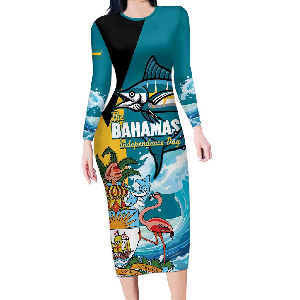 The Bahamas Independence Day Long Sleeve Bodycon Dress Bahamian Blue Marlin National Color