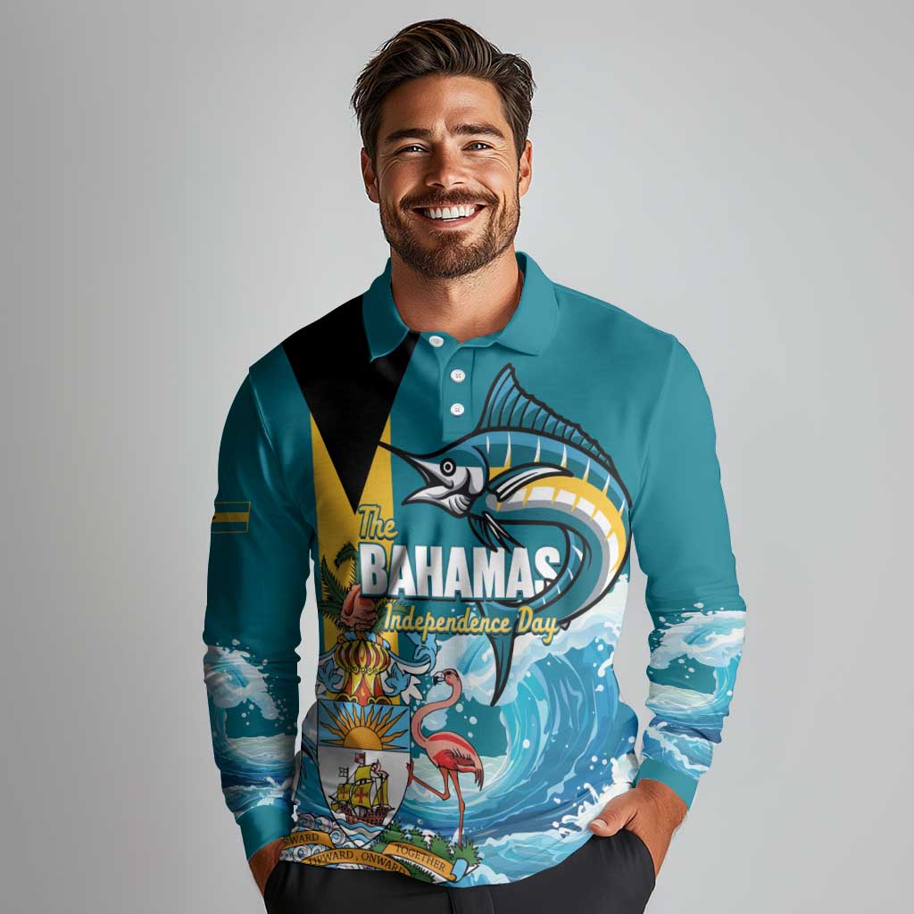The Bahamas Independence Day Long Sleeve Polo Shirt Bahamian Blue Marlin National Color