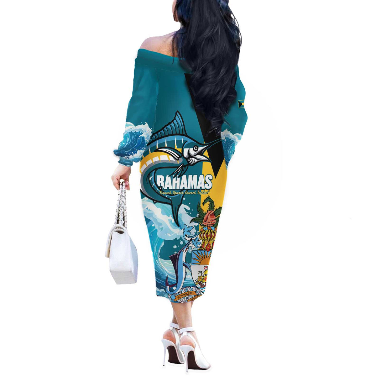 The Bahamas Independence Day Off The Shoulder Long Sleeve Dress Bahamian Blue Marlin National Color
