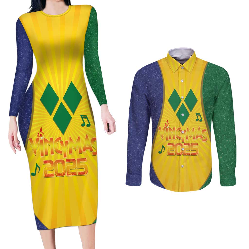 SVG Vincy Mas Couples Matching Long Sleeve Bodycon Dress and Long Sleeve Button Shirt Saint Vincent and the Grenadines National Carnival - Wonder Print Shop
