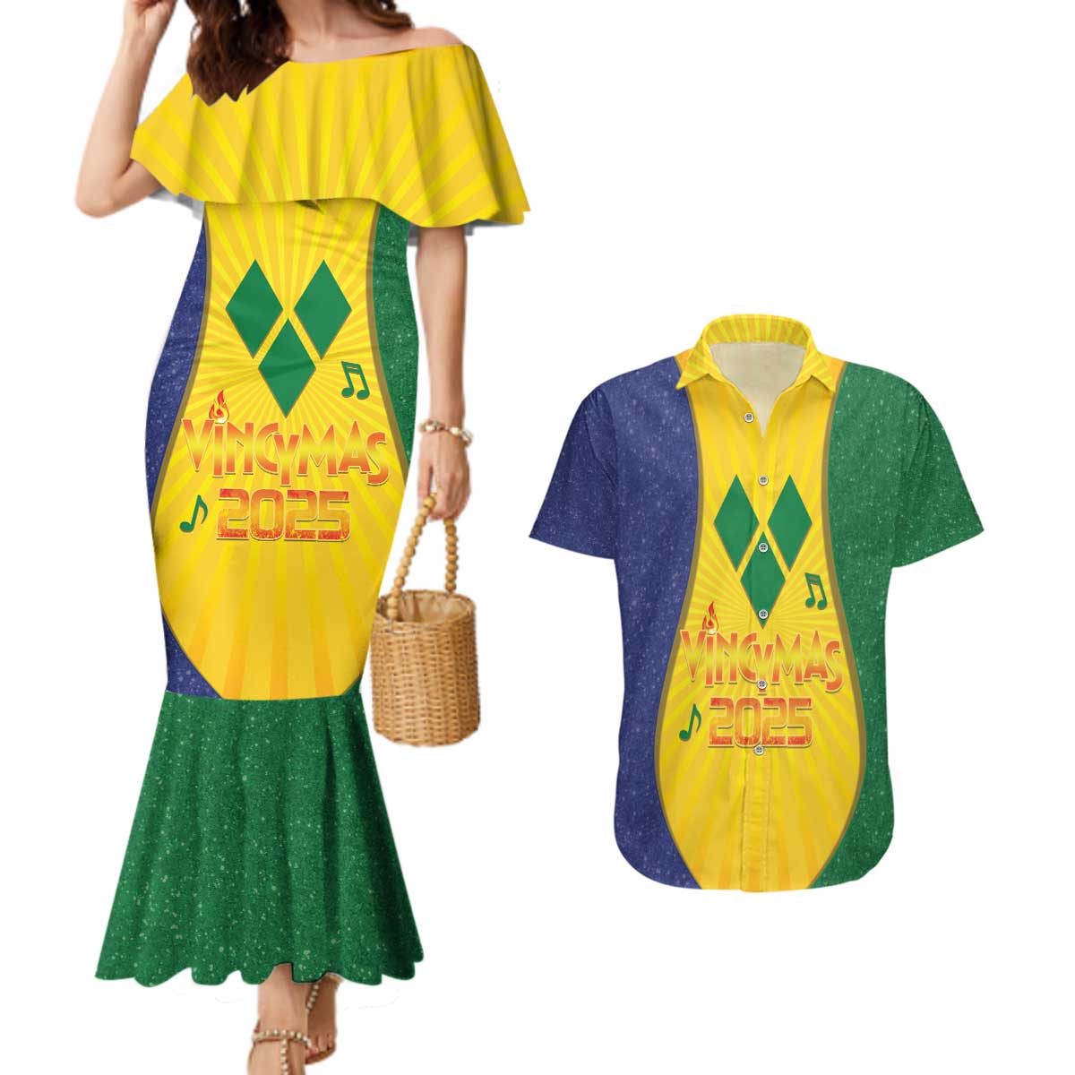 SVG Vincy Mas Couples Matching Mermaid Dress and Hawaiian Shirt Saint Vincent and the Grenadines National Carnival - Wonder Print Shop