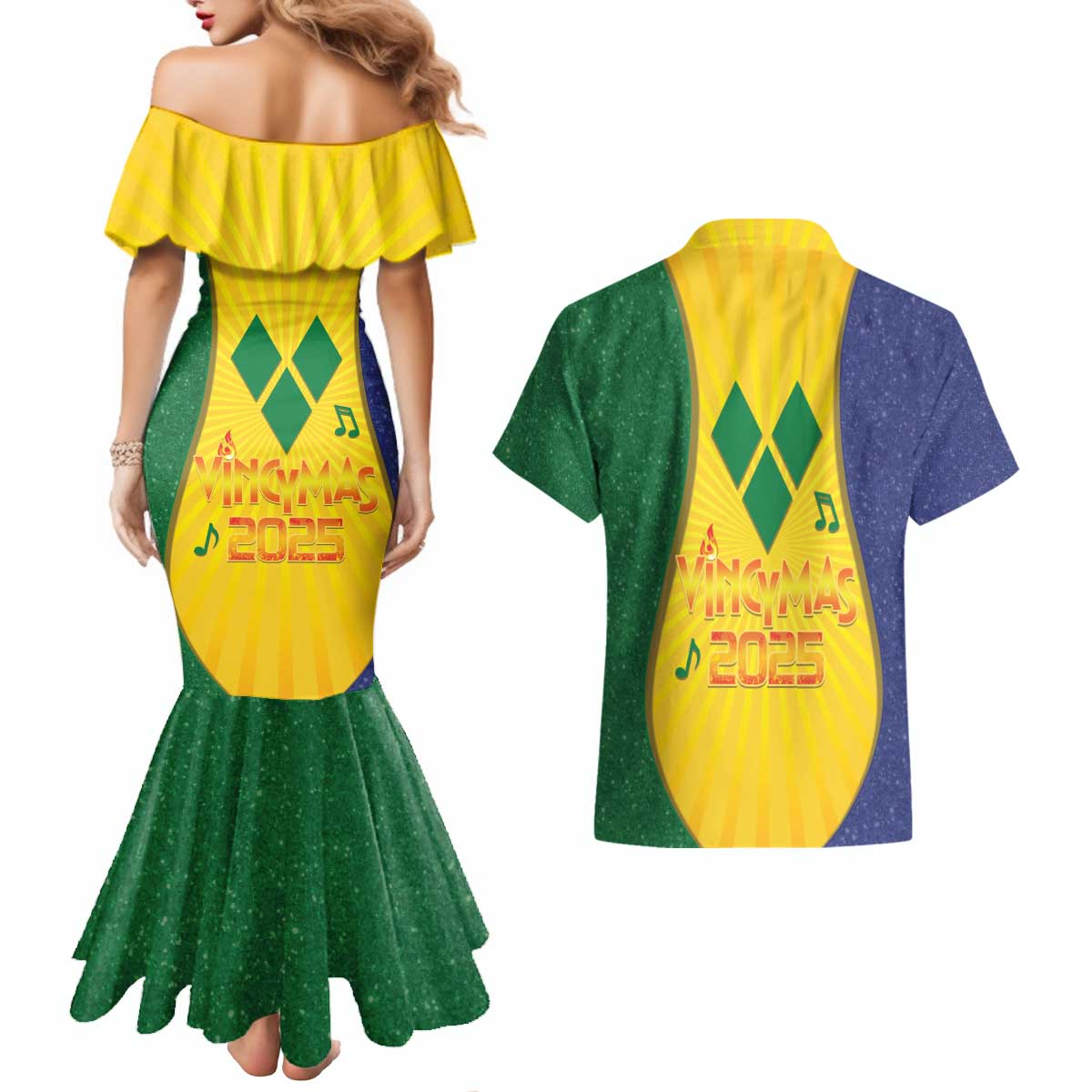 SVG Vincy Mas Couples Matching Mermaid Dress and Hawaiian Shirt Saint Vincent and the Grenadines National Carnival - Wonder Print Shop