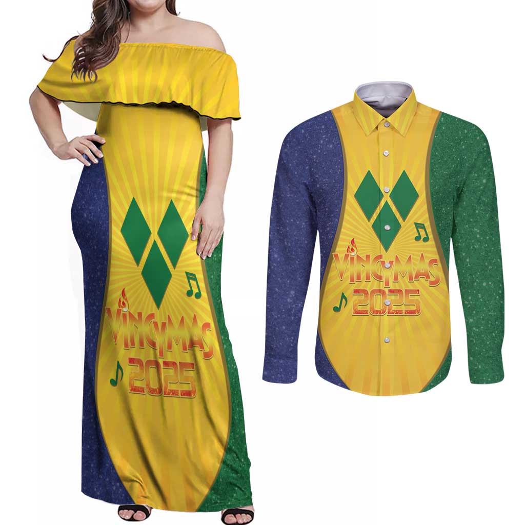 SVG Vincy Mas Couples Matching Off Shoulder Maxi Dress and Long Sleeve Button Shirt Saint Vincent and the Grenadines National Carnival - Wonder Print Shop