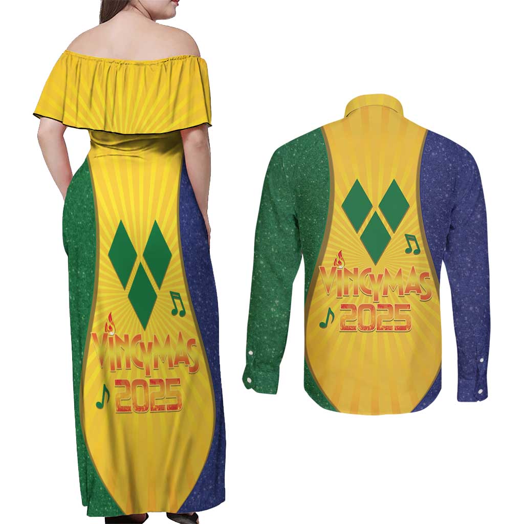SVG Vincy Mas Couples Matching Off Shoulder Maxi Dress and Long Sleeve Button Shirt Saint Vincent and the Grenadines National Carnival - Wonder Print Shop