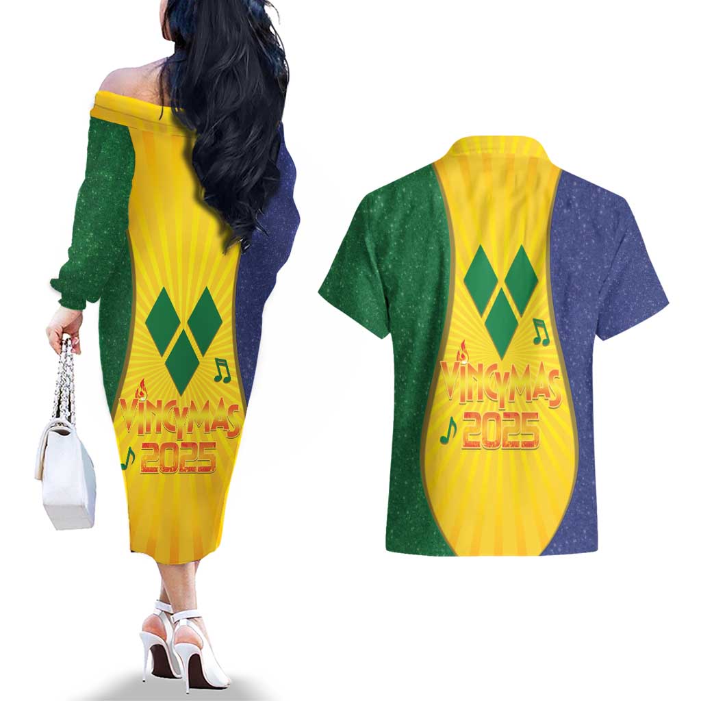 SVG Vincy Mas Couples Matching Off The Shoulder Long Sleeve Dress and Hawaiian Shirt Saint Vincent and the Grenadines National Carnival - Wonder Print Shop