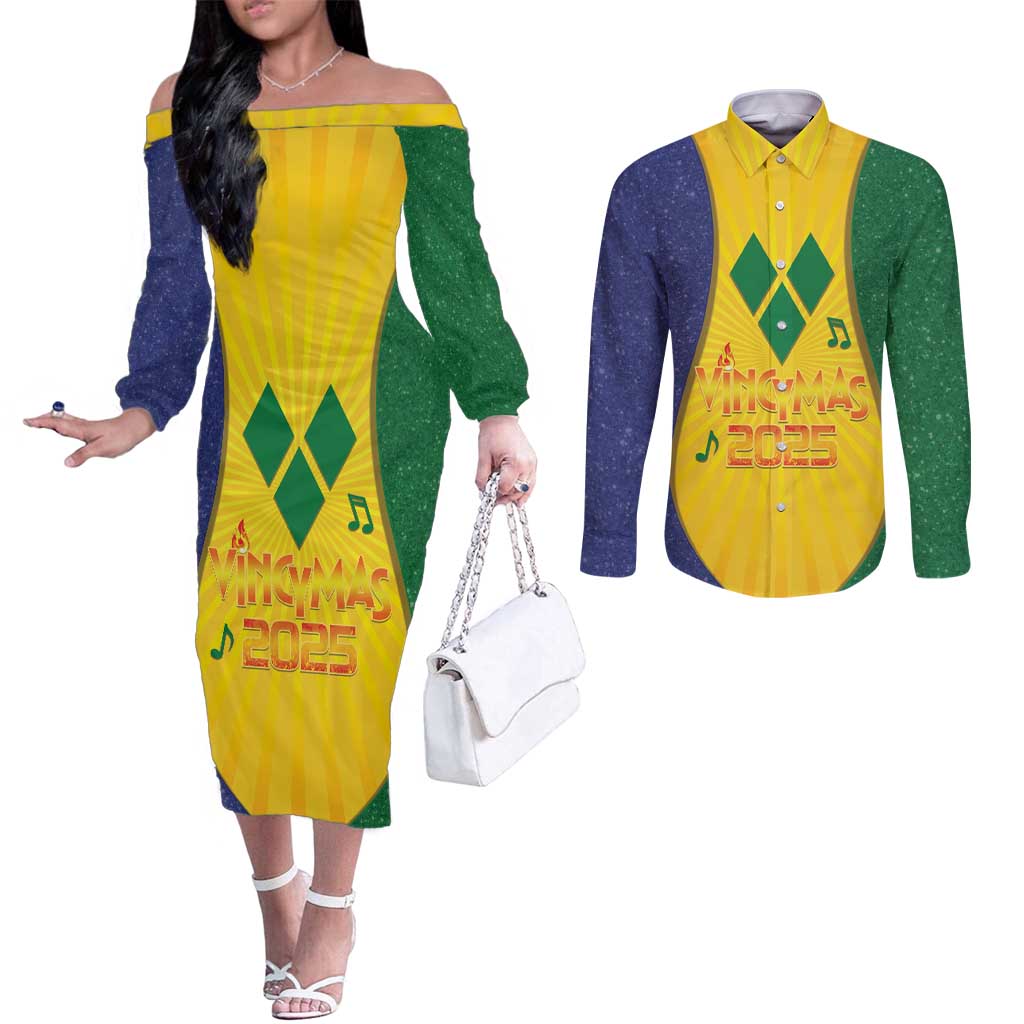 SVG Vincy Mas Couples Matching Off The Shoulder Long Sleeve Dress and Long Sleeve Button Shirt Saint Vincent and the Grenadines National Carnival - Wonder Print Shop