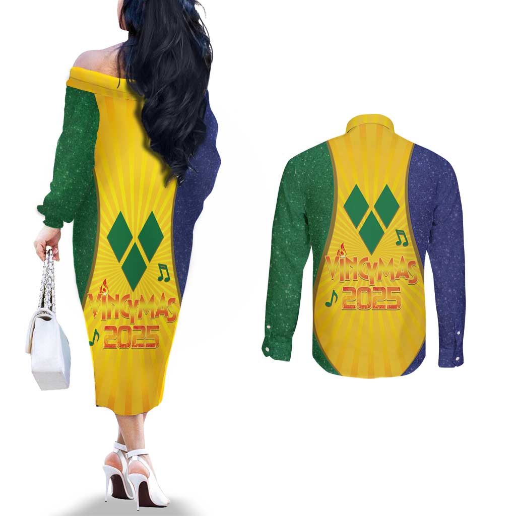 SVG Vincy Mas Couples Matching Off The Shoulder Long Sleeve Dress and Long Sleeve Button Shirt Saint Vincent and the Grenadines National Carnival - Wonder Print Shop