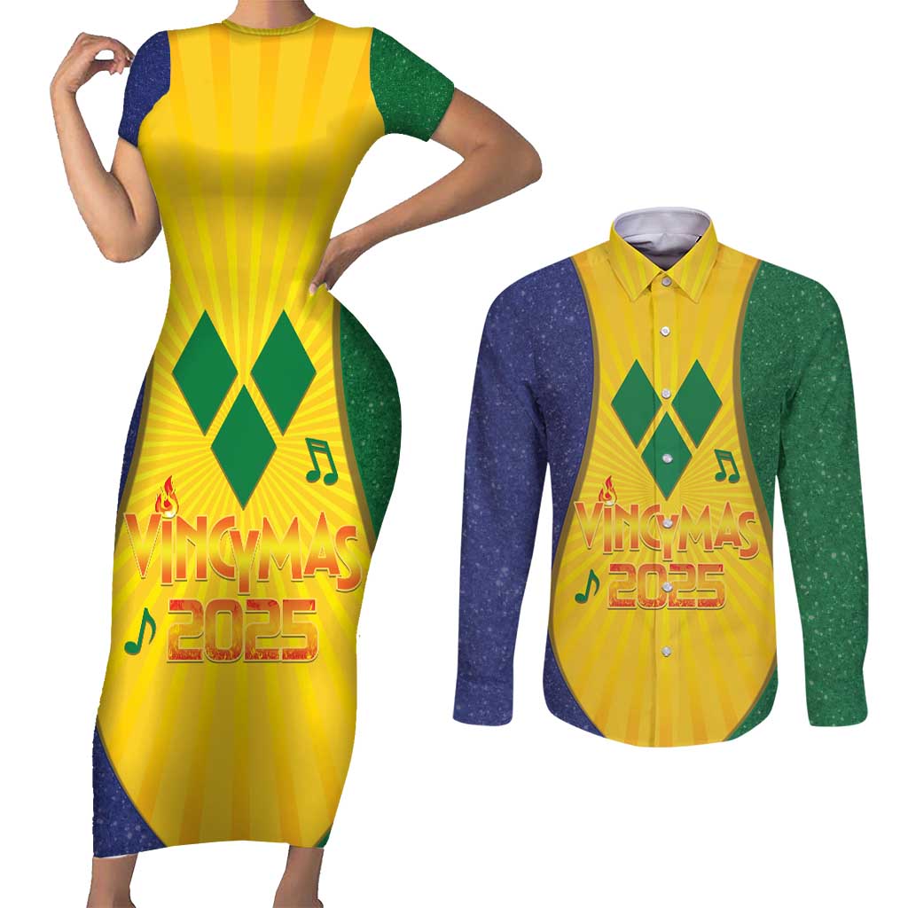 SVG Vincy Mas Couples Matching Short Sleeve Bodycon Dress and Long Sleeve Button Shirt Saint Vincent and the Grenadines National Carnival - Wonder Print Shop