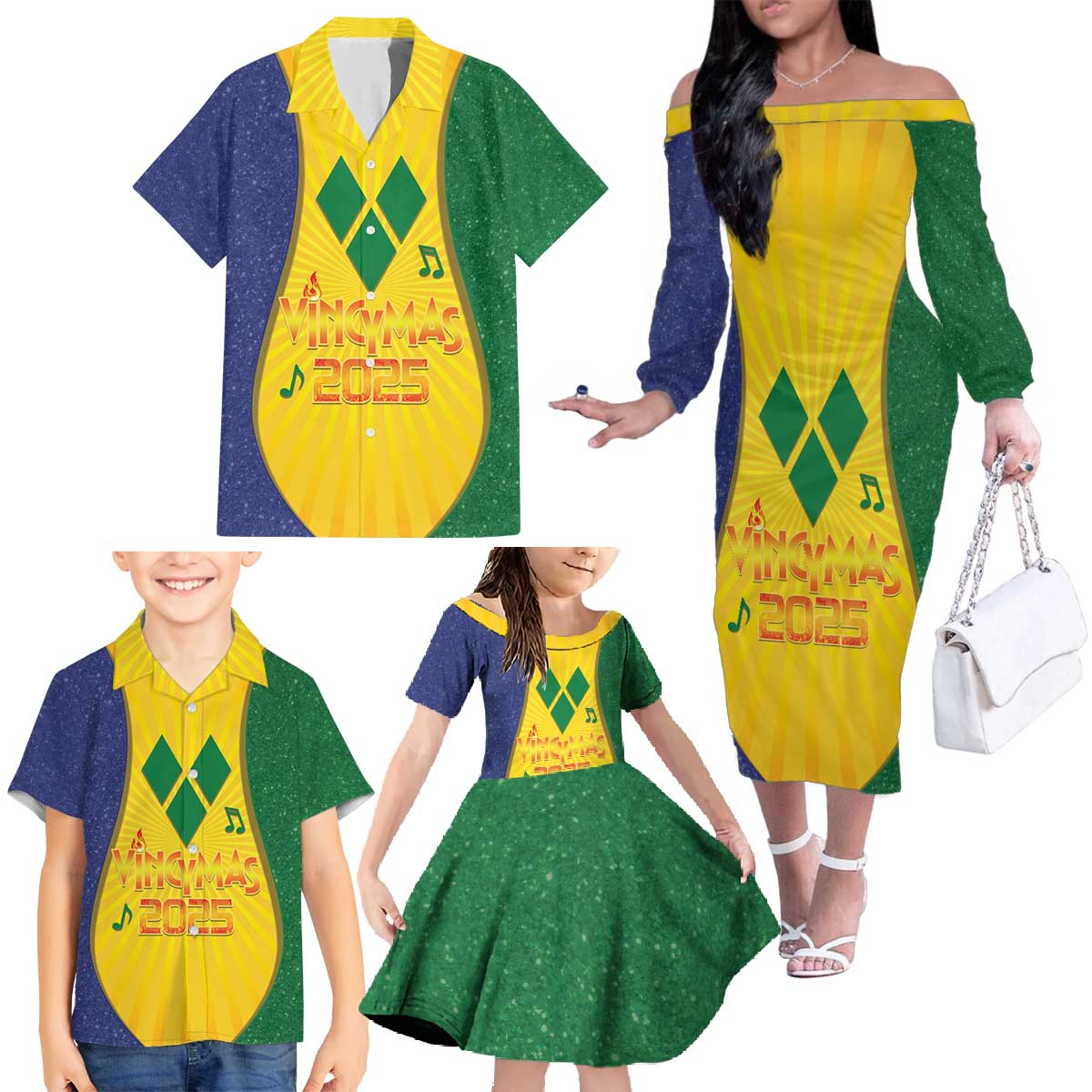 SVG Vincy Mas Family Matching Off The Shoulder Long Sleeve Dress and Hawaiian Shirt Saint Vincent and the Grenadines National Carnival - Wonder Print Shop