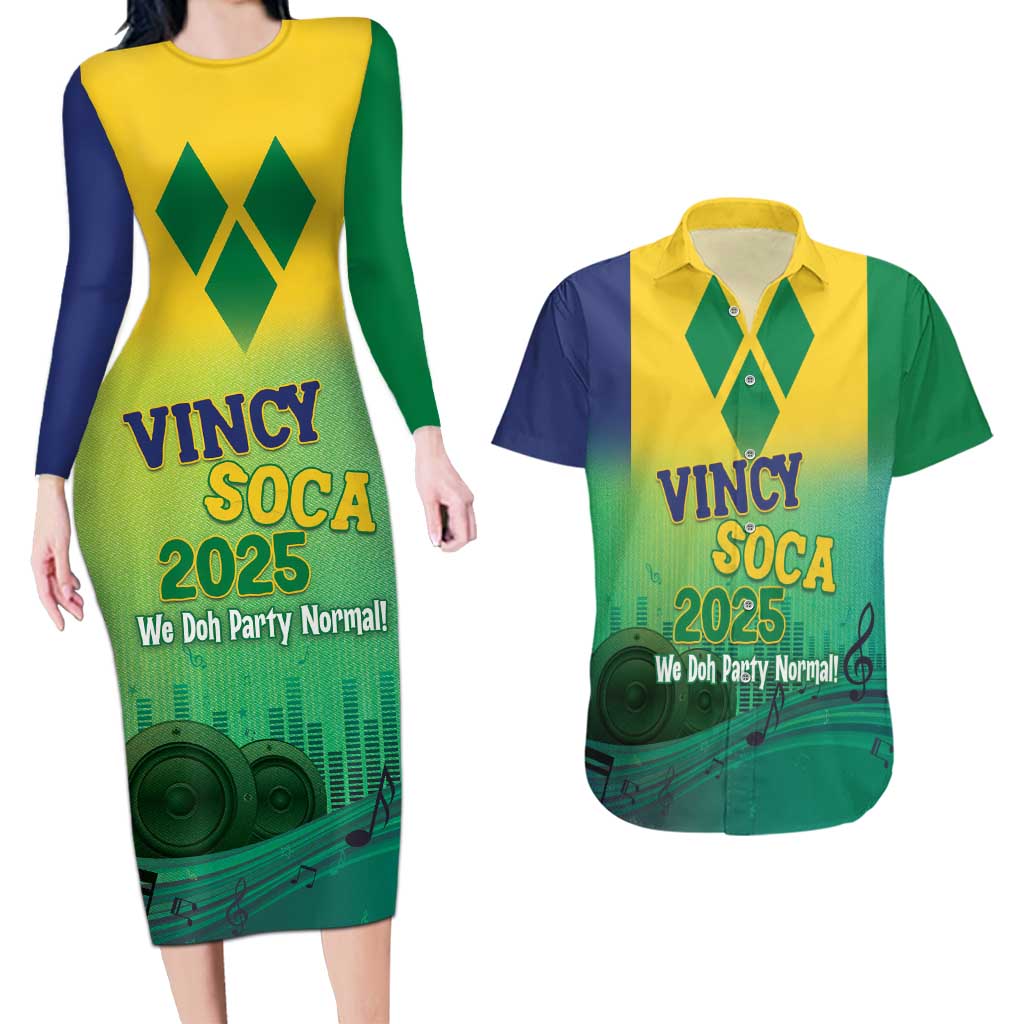 Vincy Mas 2025 Couples Matching Long Sleeve Bodycon Dress and Hawaiian Shirt Vincy Soca We Doh Party Normal - Wonder Print Shop