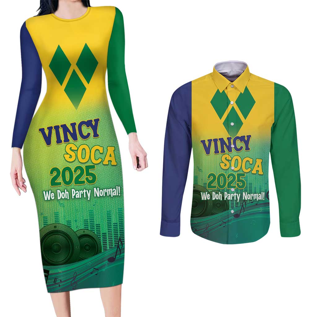 Vincy Mas 2025 Couples Matching Long Sleeve Bodycon Dress and Long Sleeve Button Shirt Vincy Soca We Doh Party Normal - Wonder Print Shop