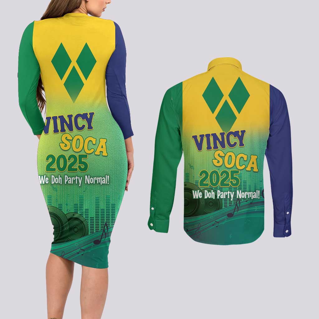 Vincy Mas 2025 Couples Matching Long Sleeve Bodycon Dress and Long Sleeve Button Shirt Vincy Soca We Doh Party Normal - Wonder Print Shop