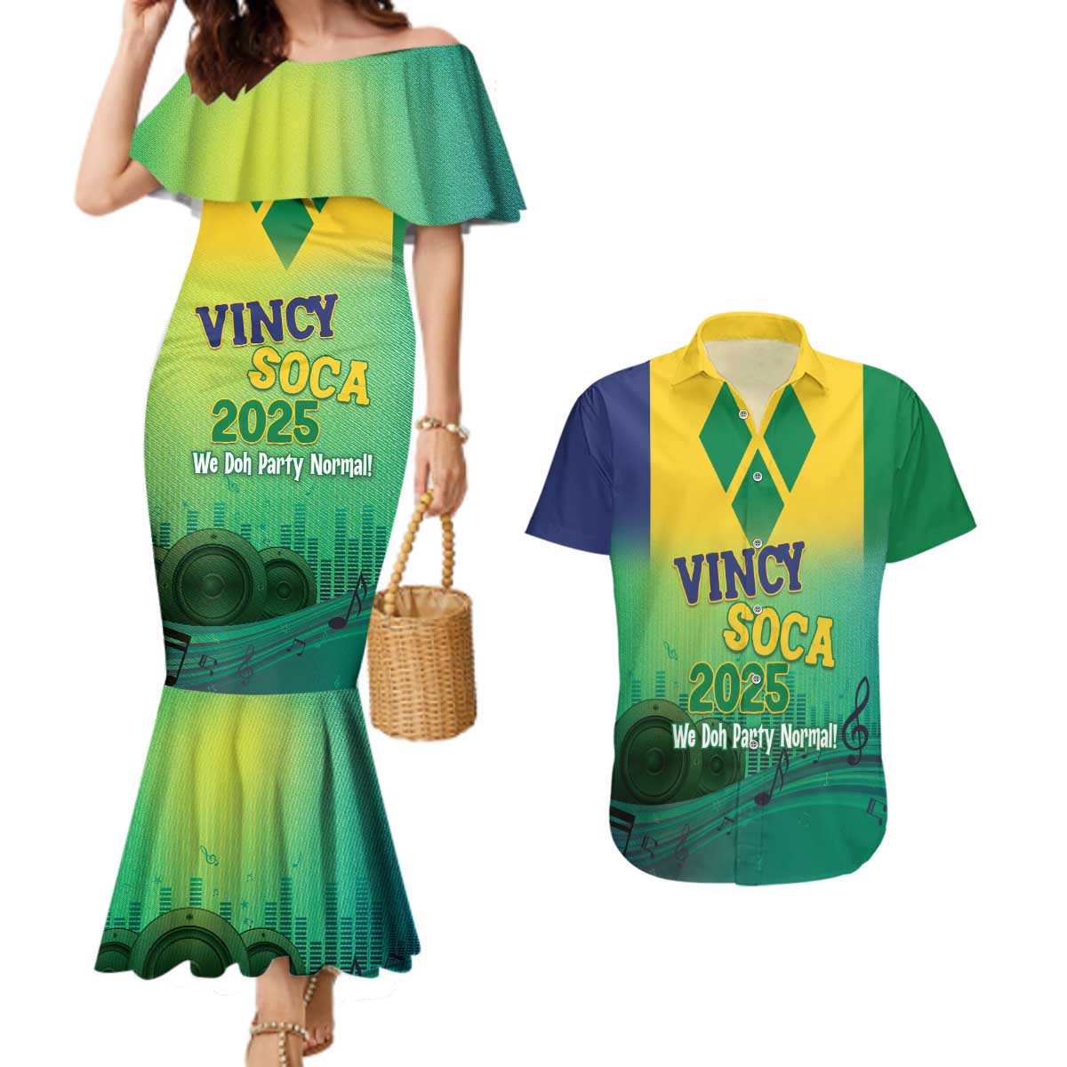 Vincy Mas 2025 Couples Matching Mermaid Dress and Hawaiian Shirt Vincy Soca We Doh Party Normal - Wonder Print Shop