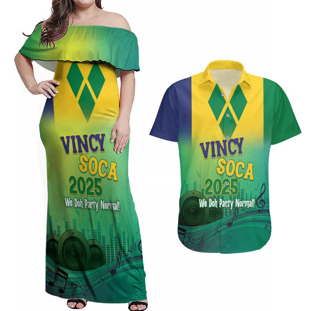 Vincy Mas 2025 Couples Matching Off Shoulder Maxi Dress and Hawaiian Shirt Vincy Soca We Doh Party Normal - Wonder Print Shop