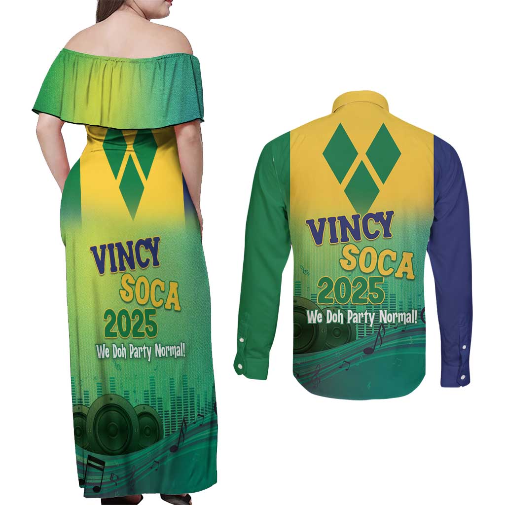 Vincy Mas 2025 Couples Matching Off Shoulder Maxi Dress and Long Sleeve Button Shirt Vincy Soca We Doh Party Normal - Wonder Print Shop