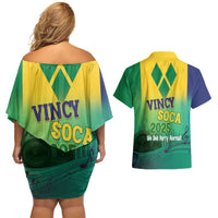 Vincy Mas 2025 Couples Matching Off Shoulder Short Dress and Hawaiian Shirt Vincy Soca We Doh Party Normal - Wonder Print Shop