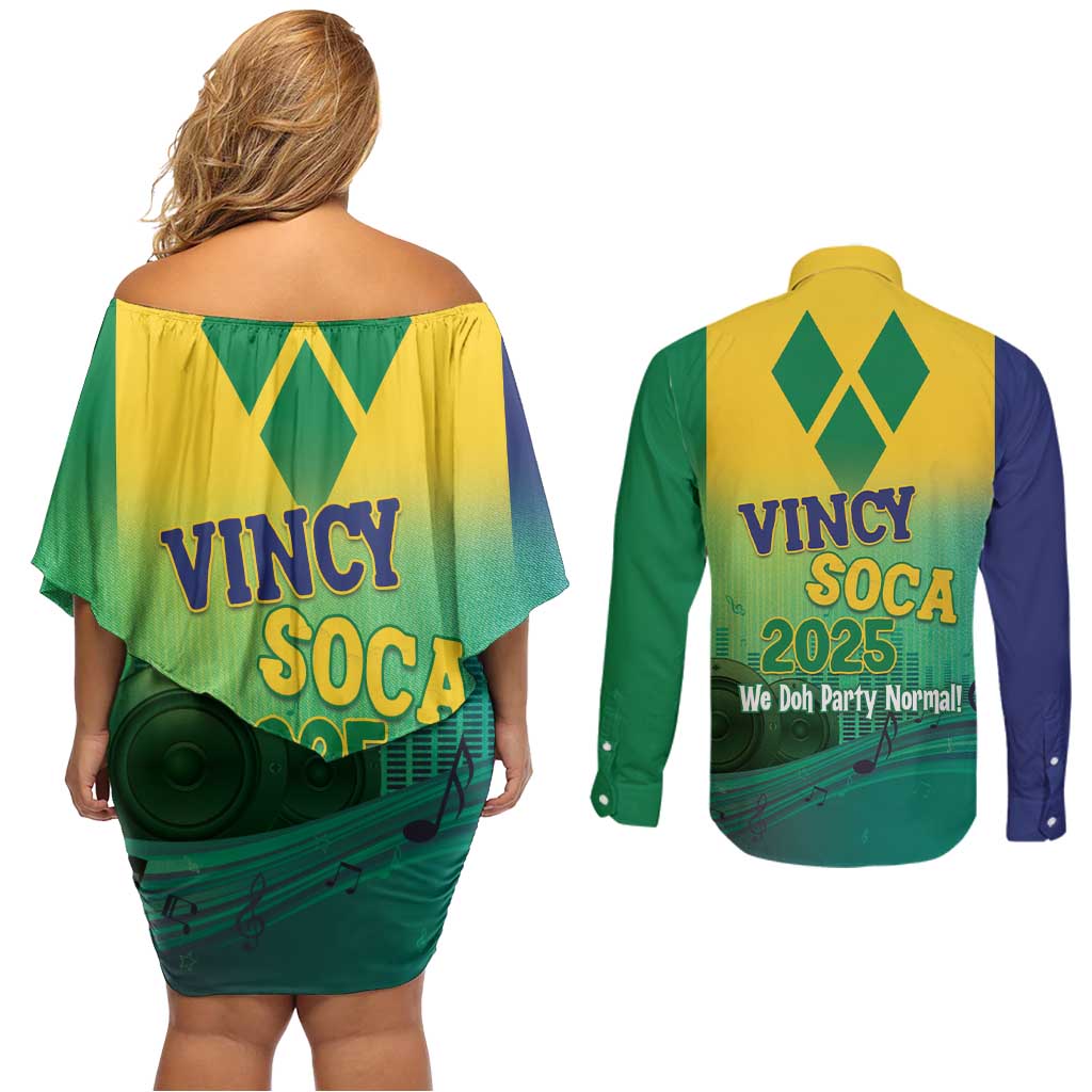 Vincy Mas 2025 Couples Matching Off Shoulder Short Dress and Long Sleeve Button Shirt Vincy Soca We Doh Party Normal - Wonder Print Shop