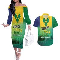 Vincy Mas 2025 Couples Matching Off The Shoulder Long Sleeve Dress and Hawaiian Shirt Vincy Soca We Doh Party Normal - Wonder Print Shop