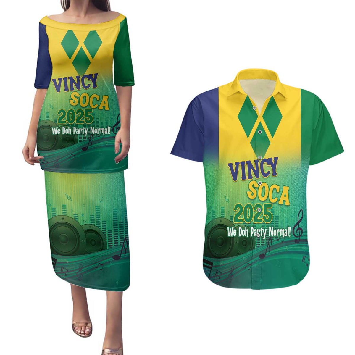 Vincy Mas 2025 Couples Matching Puletasi and Hawaiian Shirt Vincy Soca We Doh Party Normal - Wonder Print Shop