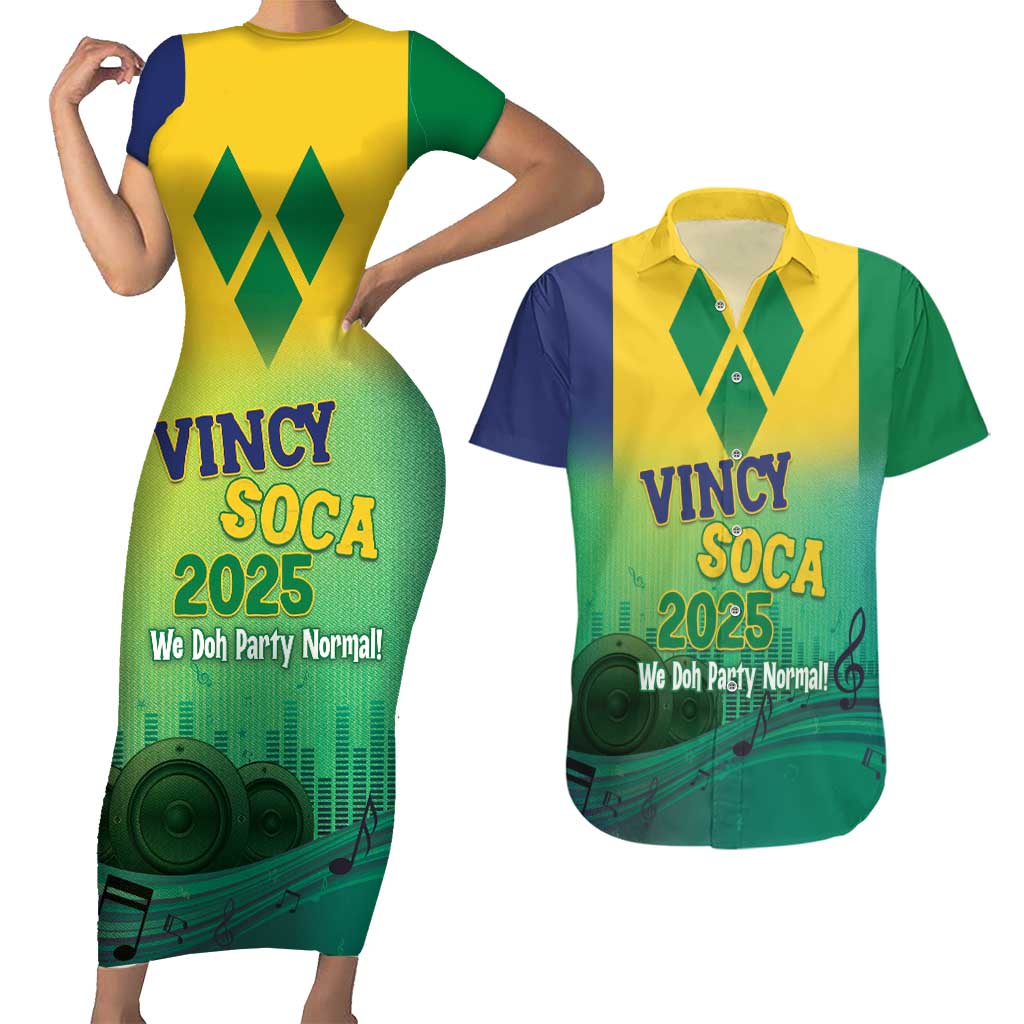 Vincy Mas 2025 Couples Matching Short Sleeve Bodycon Dress and Hawaiian Shirt Vincy Soca We Doh Party Normal - Wonder Print Shop