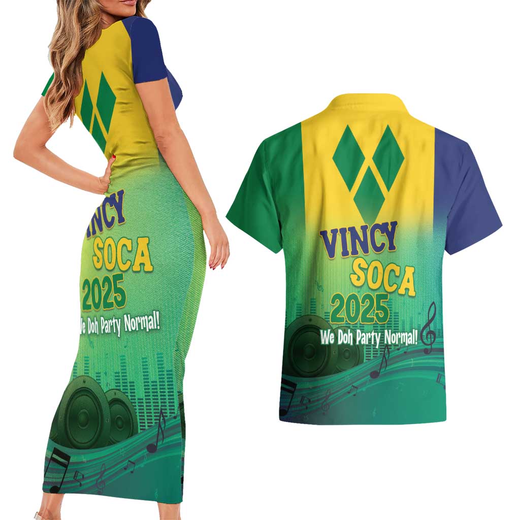 Vincy Mas 2025 Couples Matching Short Sleeve Bodycon Dress and Hawaiian Shirt Vincy Soca We Doh Party Normal - Wonder Print Shop