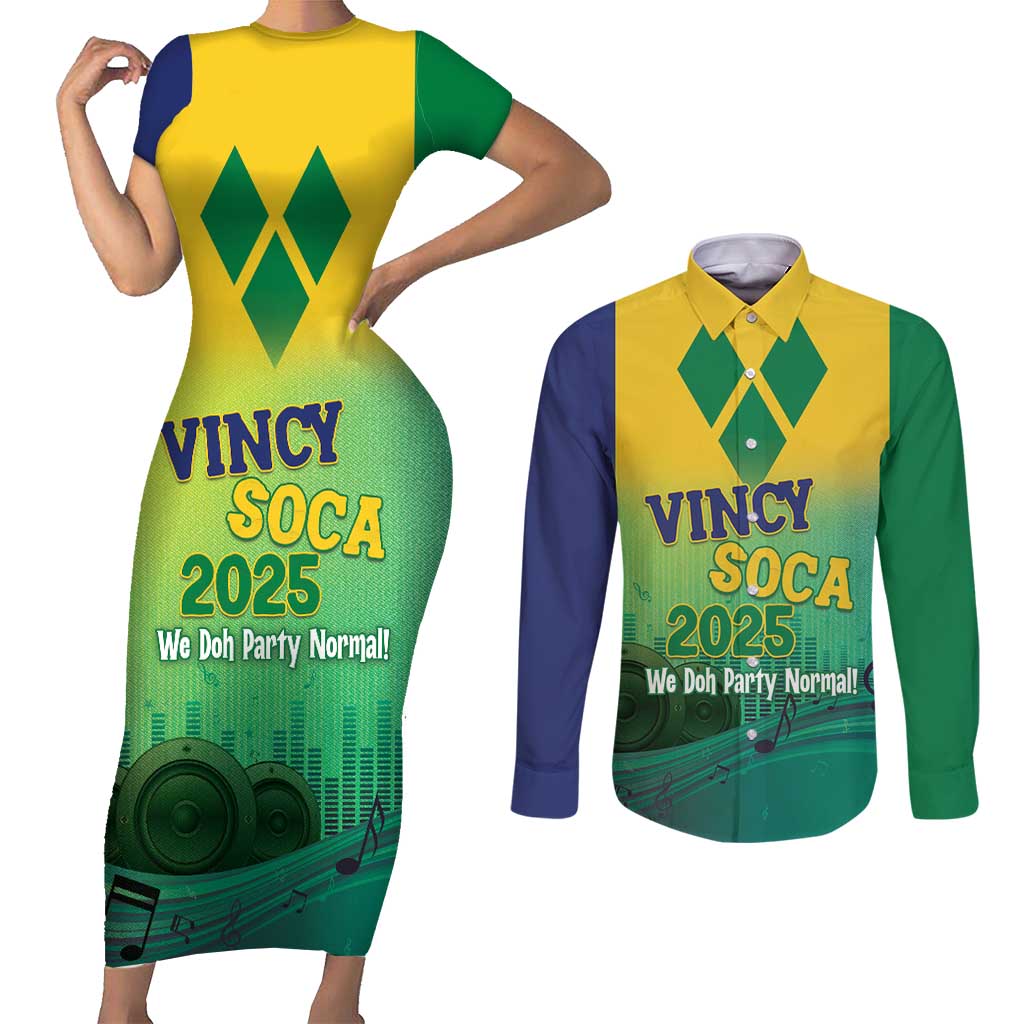 Vincy Mas 2025 Couples Matching Short Sleeve Bodycon Dress and Long Sleeve Button Shirt Vincy Soca We Doh Party Normal - Wonder Print Shop