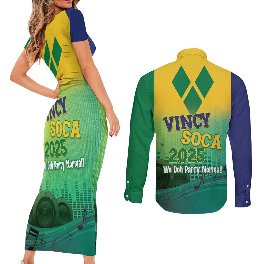 Vincy Mas 2025 Couples Matching Short Sleeve Bodycon Dress and Long Sleeve Button Shirt Vincy Soca We Doh Party Normal - Wonder Print Shop