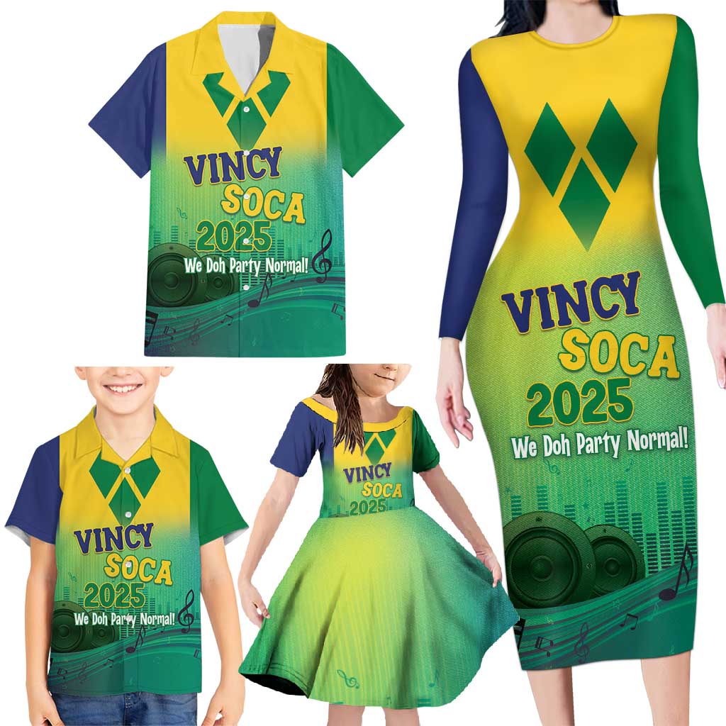 Vincy Mas 2025 Family Matching Long Sleeve Bodycon Dress and Hawaiian Shirt Vincy Soca We Doh Party Normal - Wonder Print Shop