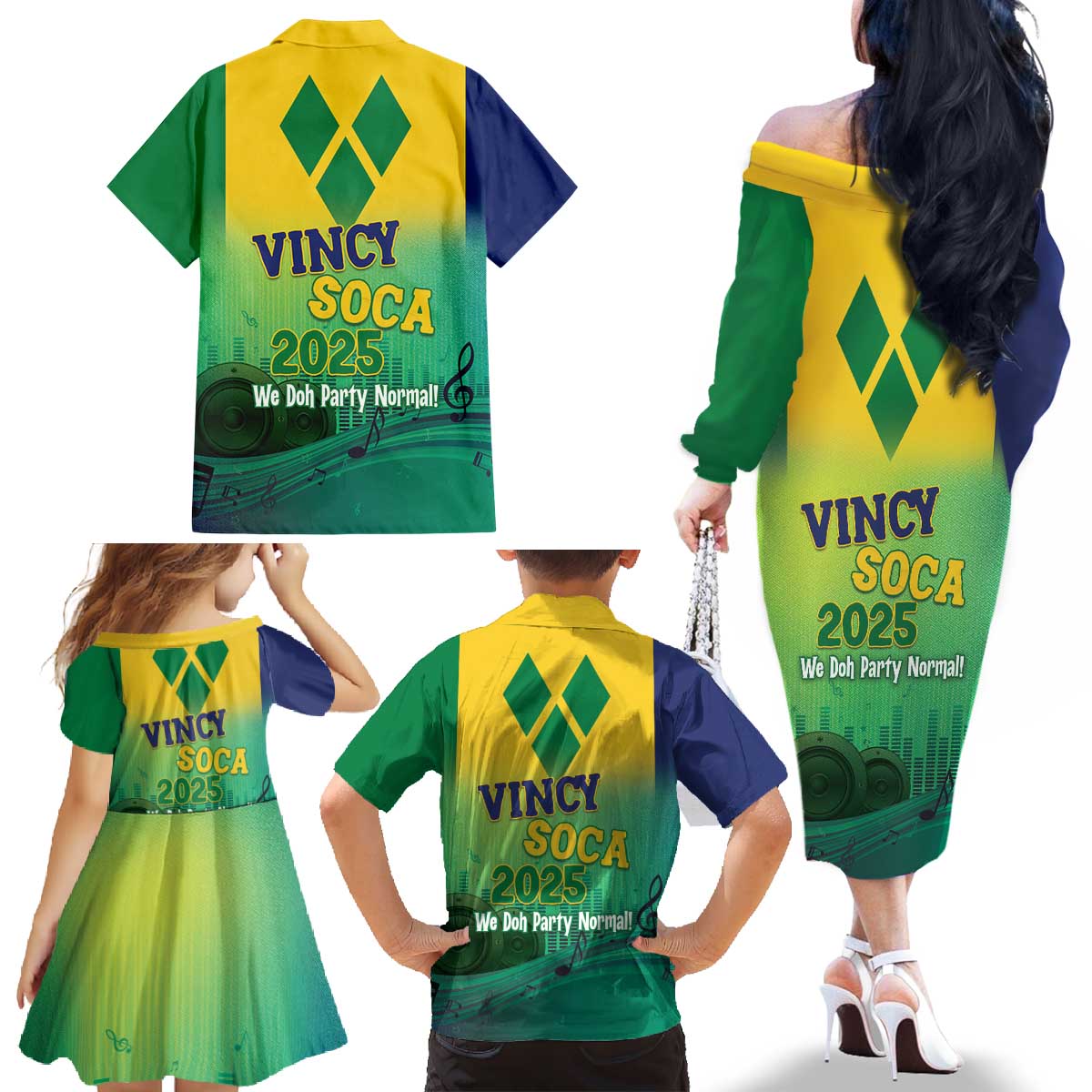 Vincy Mas 2025 Family Matching Off The Shoulder Long Sleeve Dress and Hawaiian Shirt Vincy Soca We Doh Party Normal - Wonder Print Shop