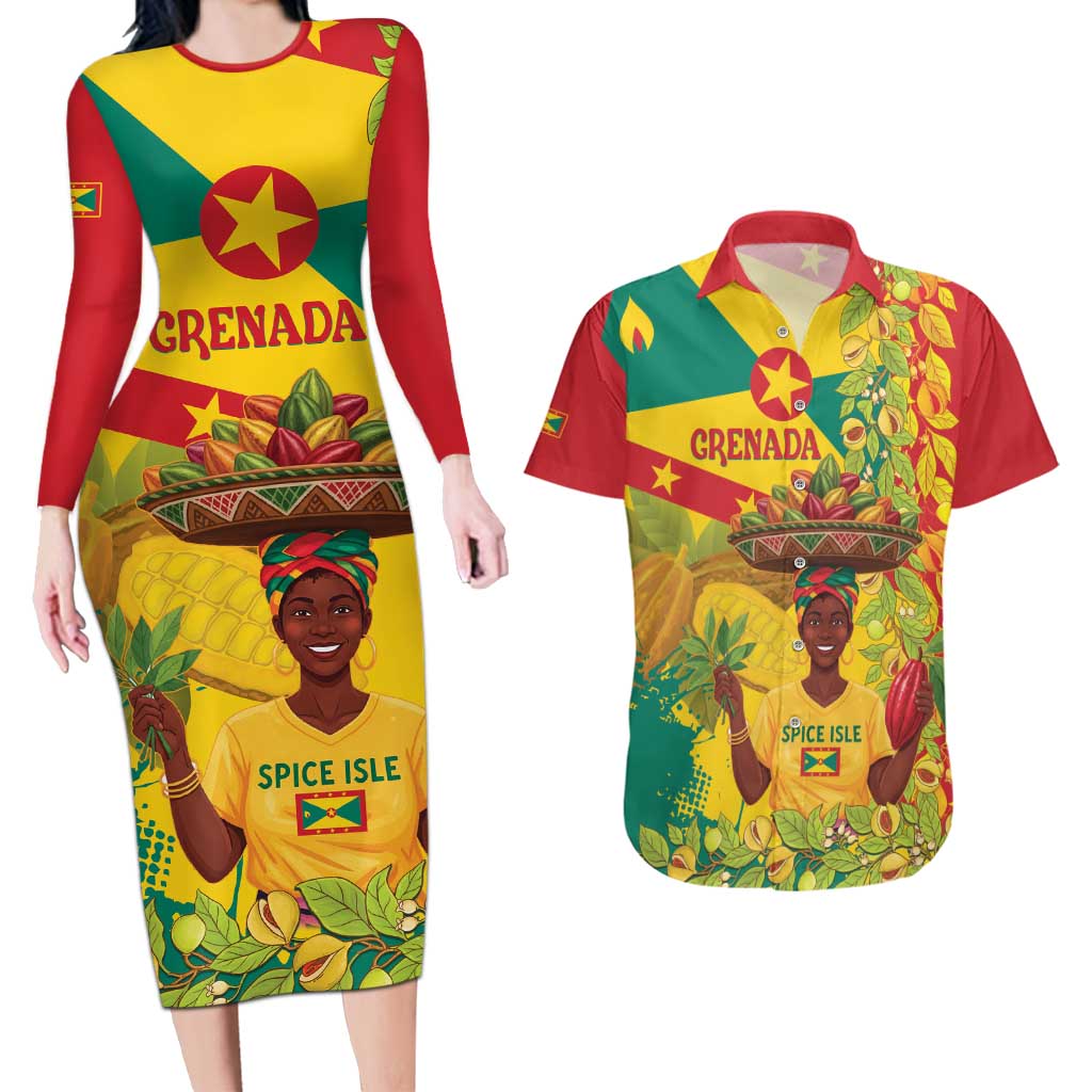 Personalized Grenada Spicemas 2025 Couples Matching Long Sleeve Bodycon Dress and Hawaiian Shirt Spice Isle Nutmeg Cocoa Pod - Wonder Print Shop