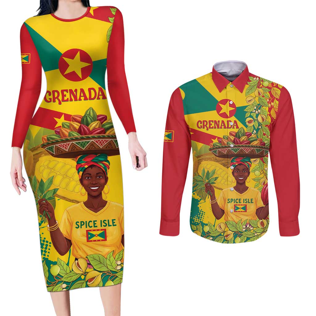 Personalized Grenada Spicemas 2025 Couples Matching Long Sleeve Bodycon Dress and Long Sleeve Button Shirt Spice Isle Nutmeg Cocoa Pod - Wonder Print Shop