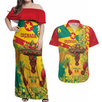 Personalized Grenada Spicemas 2025 Couples Matching Off Shoulder Maxi Dress and Hawaiian Shirt Spice Isle Nutmeg Cocoa Pod - Wonder Print Shop