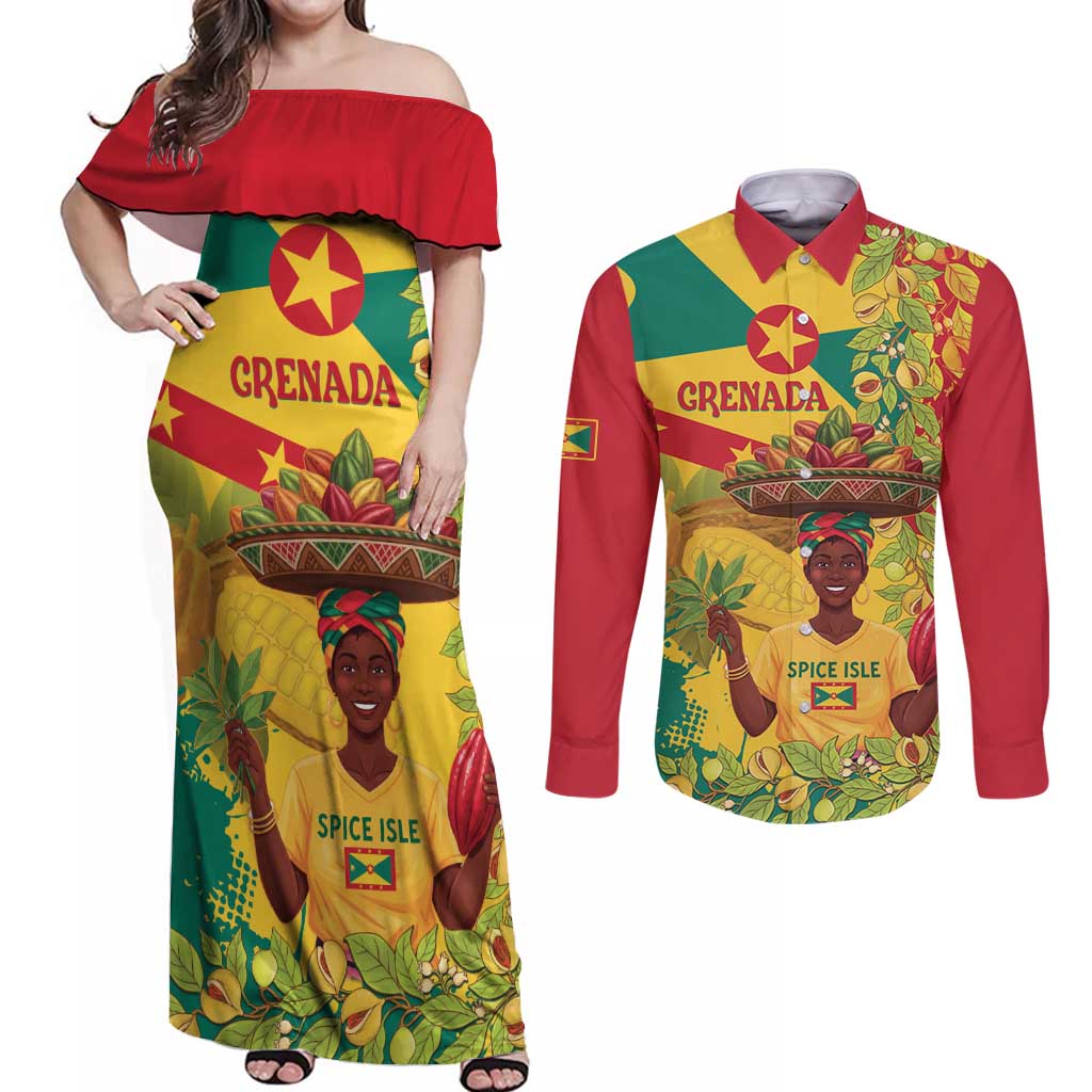 Personalized Grenada Spicemas 2025 Couples Matching Off Shoulder Maxi Dress and Long Sleeve Button Shirt Spice Isle Nutmeg Cocoa Pod - Wonder Print Shop