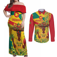 Personalized Grenada Spicemas 2025 Couples Matching Off Shoulder Maxi Dress and Long Sleeve Button Shirt Spice Isle Nutmeg Cocoa Pod - Wonder Print Shop