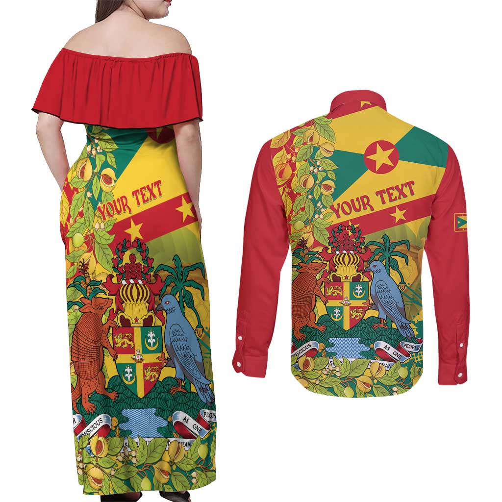 Personalized Grenada Spicemas 2025 Couples Matching Off Shoulder Maxi Dress and Long Sleeve Button Shirt Spice Isle Nutmeg Cocoa Pod - Wonder Print Shop