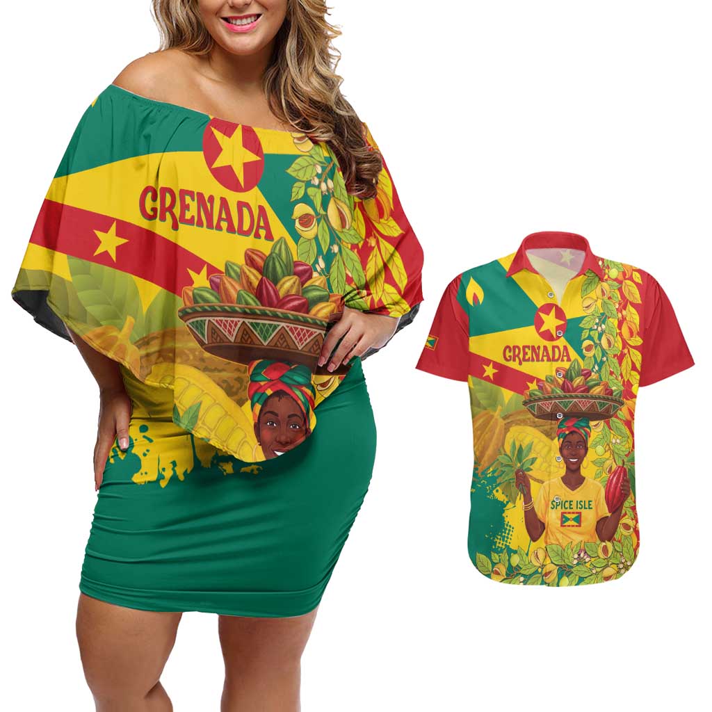 Personalized Grenada Spicemas 2025 Couples Matching Off Shoulder Short Dress and Hawaiian Shirt Spice Isle Nutmeg Cocoa Pod - Wonder Print Shop