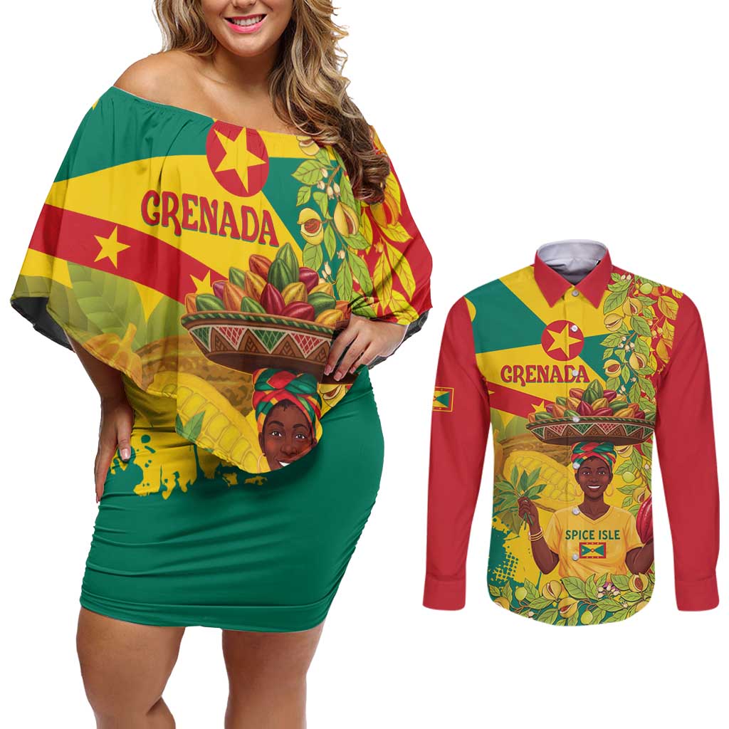 Personalized Grenada Spicemas 2025 Couples Matching Off Shoulder Short Dress and Long Sleeve Button Shirt Spice Isle Nutmeg Cocoa Pod - Wonder Print Shop