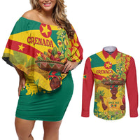 Personalized Grenada Spicemas 2025 Couples Matching Off Shoulder Short Dress and Long Sleeve Button Shirt Spice Isle Nutmeg Cocoa Pod - Wonder Print Shop