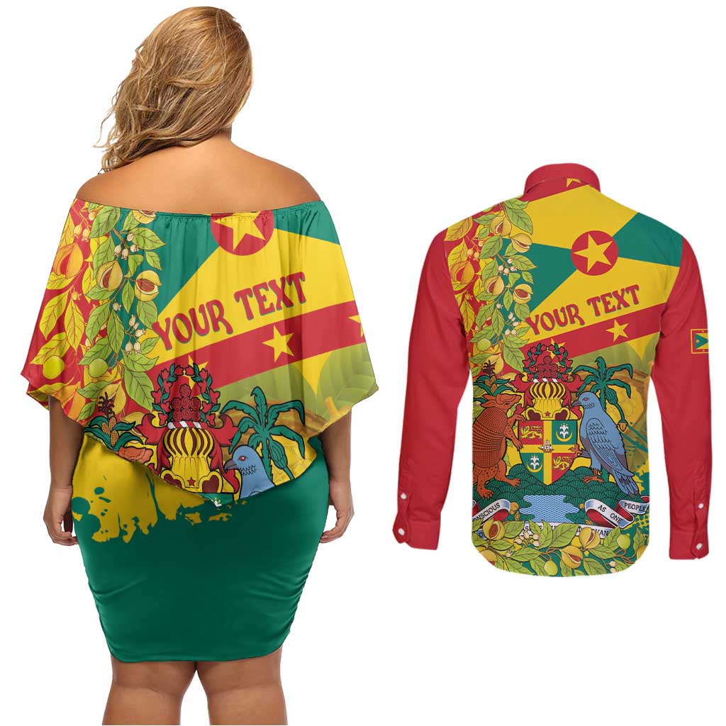 Personalized Grenada Spicemas 2025 Couples Matching Off Shoulder Short Dress and Long Sleeve Button Shirt Spice Isle Nutmeg Cocoa Pod - Wonder Print Shop