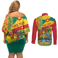 Personalized Grenada Spicemas 2025 Couples Matching Off Shoulder Short Dress and Long Sleeve Button Shirt Spice Isle Nutmeg Cocoa Pod - Wonder Print Shop