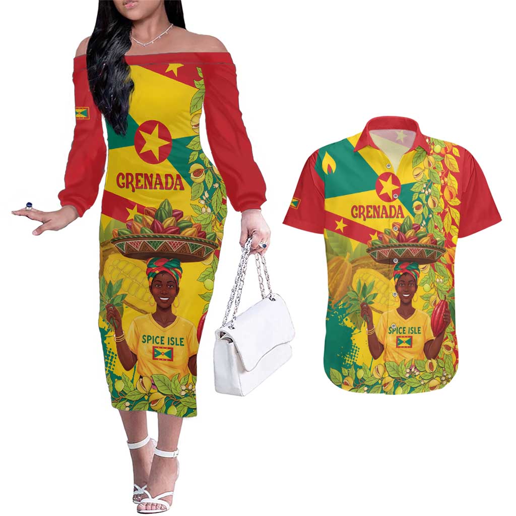 Personalized Grenada Spicemas 2025 Couples Matching Off The Shoulder Long Sleeve Dress and Hawaiian Shirt Spice Isle Nutmeg Cocoa Pod - Wonder Print Shop
